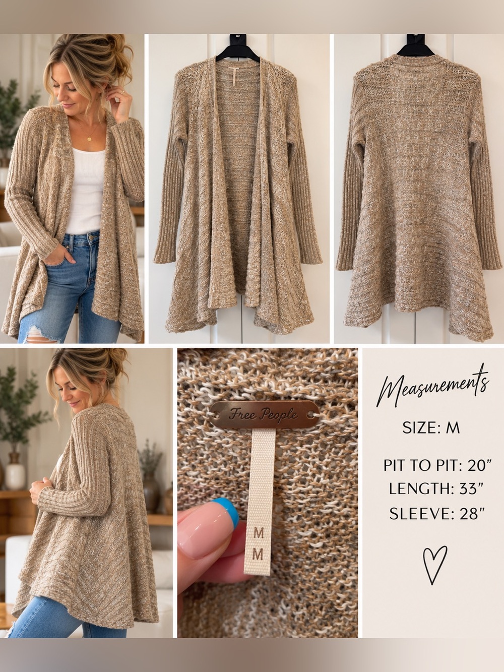 Free People Taupe Open Front Longline Knit Cardigan Sweater M